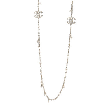 CHANEL Pearl Crystal CC Long Necklace Light Gold