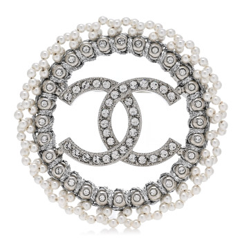 CHANEL Crystal Pearl CC Round Brooch Silver