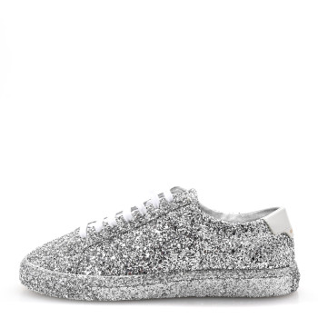 SAINT LAURENT Calfskin Crystal Glitter Andy Sneakers 37 Silver