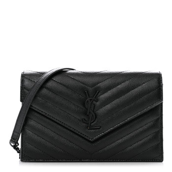 SAINT LAURENT Grain De Poudre Matelasse Chevron Monogram Monochrome Envelope Chain Wallet Black