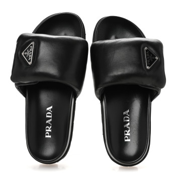 PRADA Nappa Soft Padded Metal Triangle Logo Slide Sandals 36.5 Black