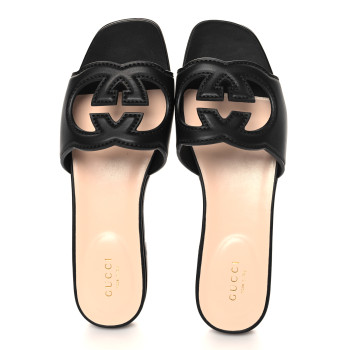 GUCCI Cosmos Softy Calfskin Interlocking G Cut Out Slide Sandals 37 Black