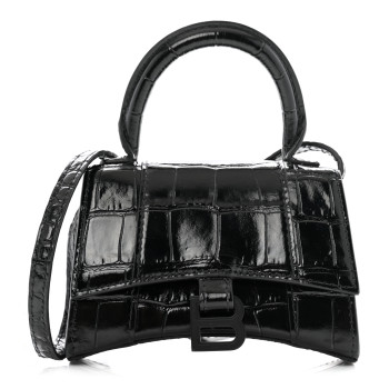 BALENCIAGA Shiny Calfskin Monochrome Crocodile Embossed Hourglass Top Handle Bag Mini Black