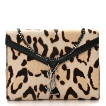 SAINT LAURENT Calf Hair Leopard Print Monogram Cassandra Chain Wallet White Multicolor