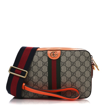 GUCCI GG Supreme Monogram Textured Dollar Calfskin Web Ophidia Wristlet Shoulder Bag Beige Ebony Orange