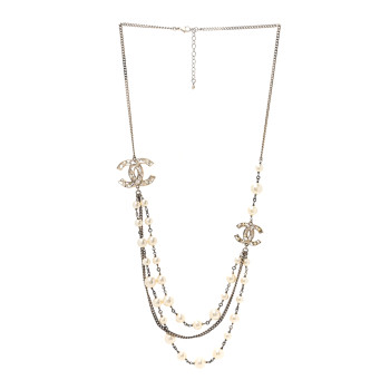 CHANEL Pearl Enamel Beaded CC Long Necklace Light Gold White