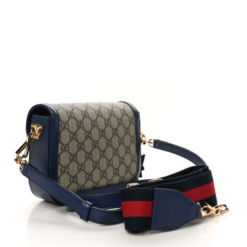 GUCCI GG Supreme Monogram Textured Dollar Calfskin Web Mini Horsebit 1955 Shoulder Bag Beige Blue
