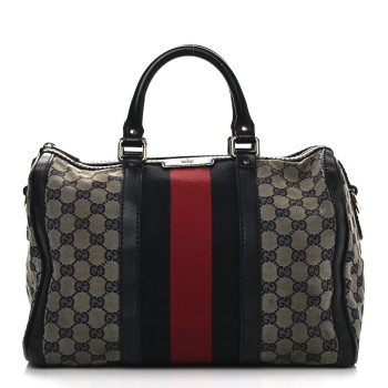 GUCCI Monogram Selleria Calfskin Vintage Web Medium Boston Beige Blue