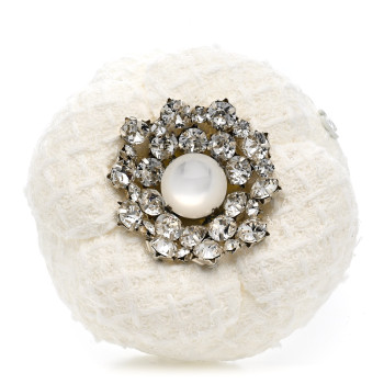 CHANEL Tweed Crystal Camellia Pin Brooch White