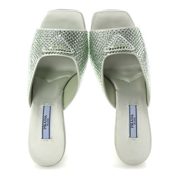 PRADA Satin Crystal Logo 90mm Slide Sandals 36.5 Acqua