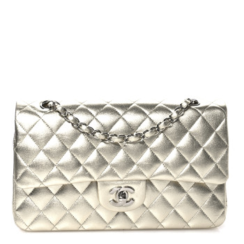CHANEL Metallic Lambskin Quilted Medium Double Flap Pale Gold