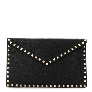 VALENTINO GARAVANI Pebbled Calfskin Large Rockstud Envelope Clutch Black