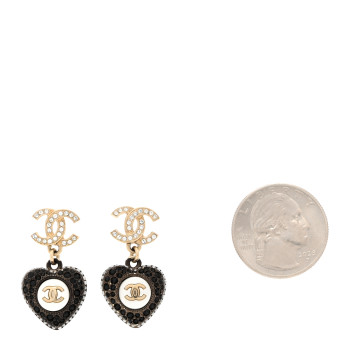 CHANEL Pearl Crystal CC Heart Drop Earrings Gold Black White