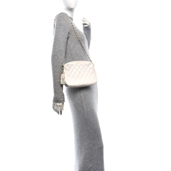 CHANEL Lizard Quilted Small Tassel Camera Case White