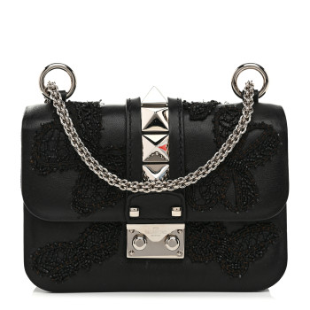 VALENTINO GARAVANI Vitello Beaded Butterfly Small Glam Lock Rockstud Flap Black