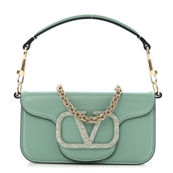 VALENTINO GARAVANI Calfskin Crystal Vlogo Loco Shoulder Bag Morning Dew