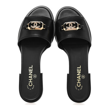 CHANEL Shiny Calfskin CC Mules 39.5 Black