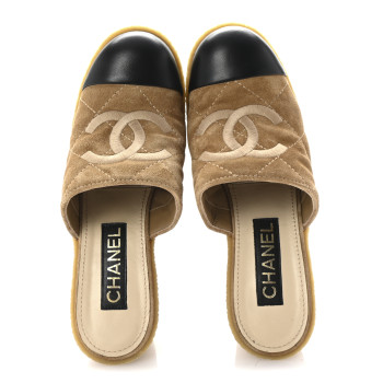 CHANEL Suede Lambskin Quilted CC Mules 39 Black Beige