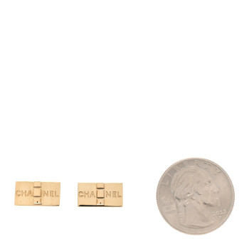CHANEL Metal Rectangle Logo Earrings Gold