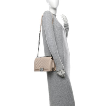CHANEL Caviar Chevron Quilted Medium Boy Flap Light Beige