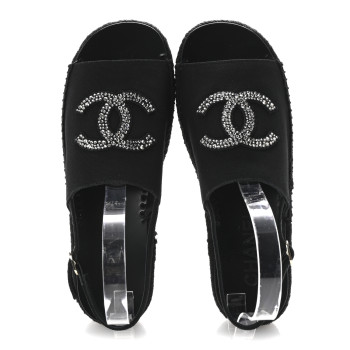 CHANEL Canvas Strass CC Espadrille Slingback Sandals 39 Black