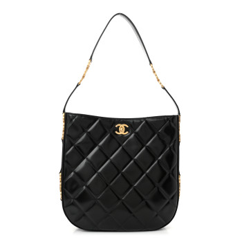 CHANEL Shiny Calfskin Suede Goatskin Quilted Hobo Black