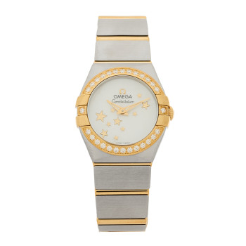 OMEGA Stainless Steel 18K Yellow Gold Diamond Bezel Mother of Pearl 24mm Constellation Quartz Watch 123.25.24.60.05.001