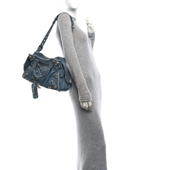 BALENCIAGA Washed Frayed Denim Crystal Neo Cagole City Handbag Blue