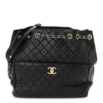 CHANEL Lambskin Quilted Large Drawstring Bag Black