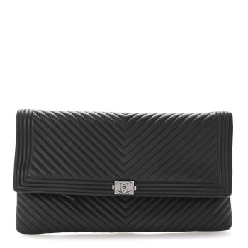 CHANEL Calfskin Chevron Quilted Beauty CC Boy Clutch Black