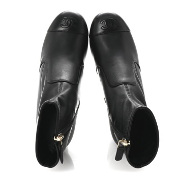 CHANEL Stretch Lambskin Cap Toe CC Short Boots 37.5 Black