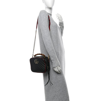 GUCCI Vintage Effect Calfskin Matelasse Diagonal Small Torchon GG Marmont Bamboo Top Handle Shoulder Bag Black Romantic Cherry