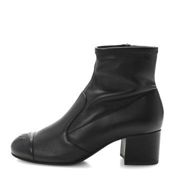 CHANEL Stretch Lambskin Cap Toe CC Short Boots 37.5 Black