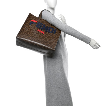 FENDI X FILA Glazed Fabric FF 1974 Mania Shopping Tote Bag Mogano Panna Blueberry