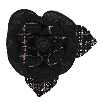 CHANEL Tweed Fabric Camellia Pin Brooch Black Pink