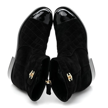 CHANEL Suede Patent Calfskin Quilted Cap Toe Turnlock Short Boots 38 Black