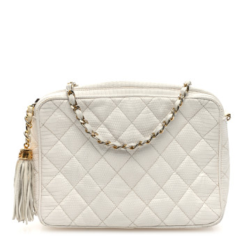 CHANEL Lizard Quilted Small Tassel Camera Case White