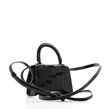 BALENCIAGA Shiny Calfskin Monochrome Crocodile Embossed Hourglass Top Handle Bag Mini Black