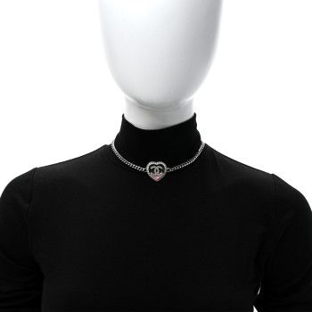 CHANEL Resin Crystal Glitter CC Heart Necklace Silver