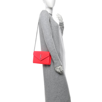SAINT LAURENT Patent Grain De Poudre Matelasse Chevron Monogram Chain Wallet Neon Pink
