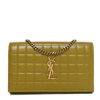 SAINT LAURENT Lambskin Carre Quilted Cassandre Chain Wallet Olive Drab