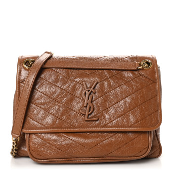 SAINT LAURENT Crinkled Calfskin Matelasse Monogram Medium Niki Chain Satchel Caramel