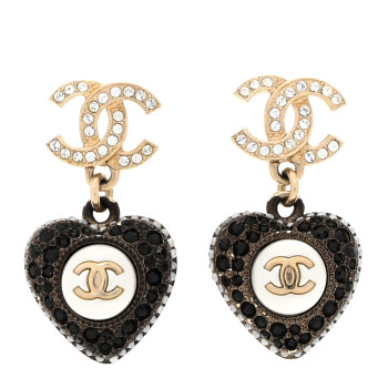 CHANEL Pearl Crystal CC Heart Drop Earrings Gold Black White