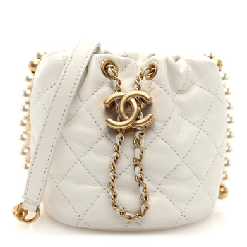 CHANEL Calfskin Quilted Pearl Mini About Pearls Drawstring Bucket Bag White