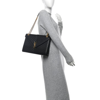 SAINT LAURENT Grain De Poudre Matelasse Chevron Large Monogram Satchel Black