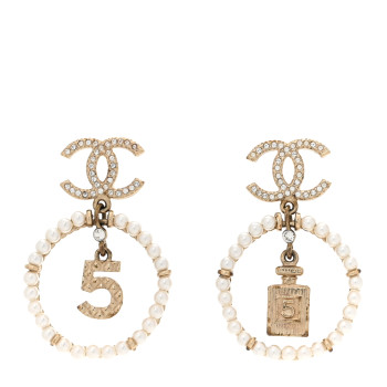 CHANEL Crystal Pearl Chanel Charms CC Drop Earrings Gold