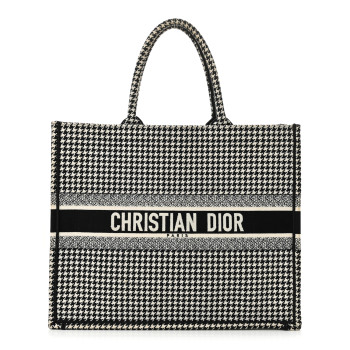 CHRISTIAN DIOR Canvas Houndstooth Embroidered Large Book Tote Black White