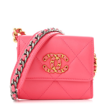 CHANEL Lambskin Quilted Chanel 19 Flap Coin Purse With Chain Dark Pink