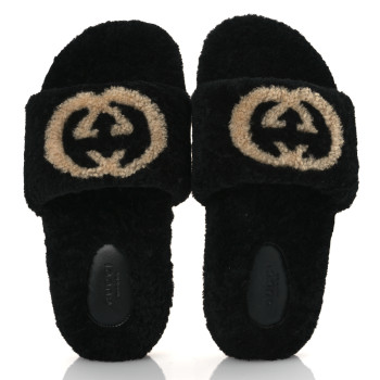 GUCCI Shearling Womens Eileen Slide Sandals 37 Black Butterscotch