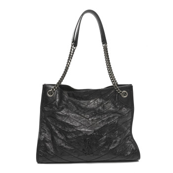 SAINT LAURENT Crinkled Calfskin Matelasse Monogram Medium Niki Shopper Tote Black